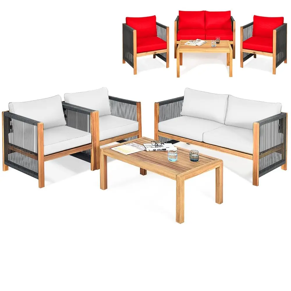 

Outdoor Wood Furniture Set with 2 Set Cushion Covers, 4 Pieces Cushioned Patio Conversation Set, for Garden Balcony Poolside Ou