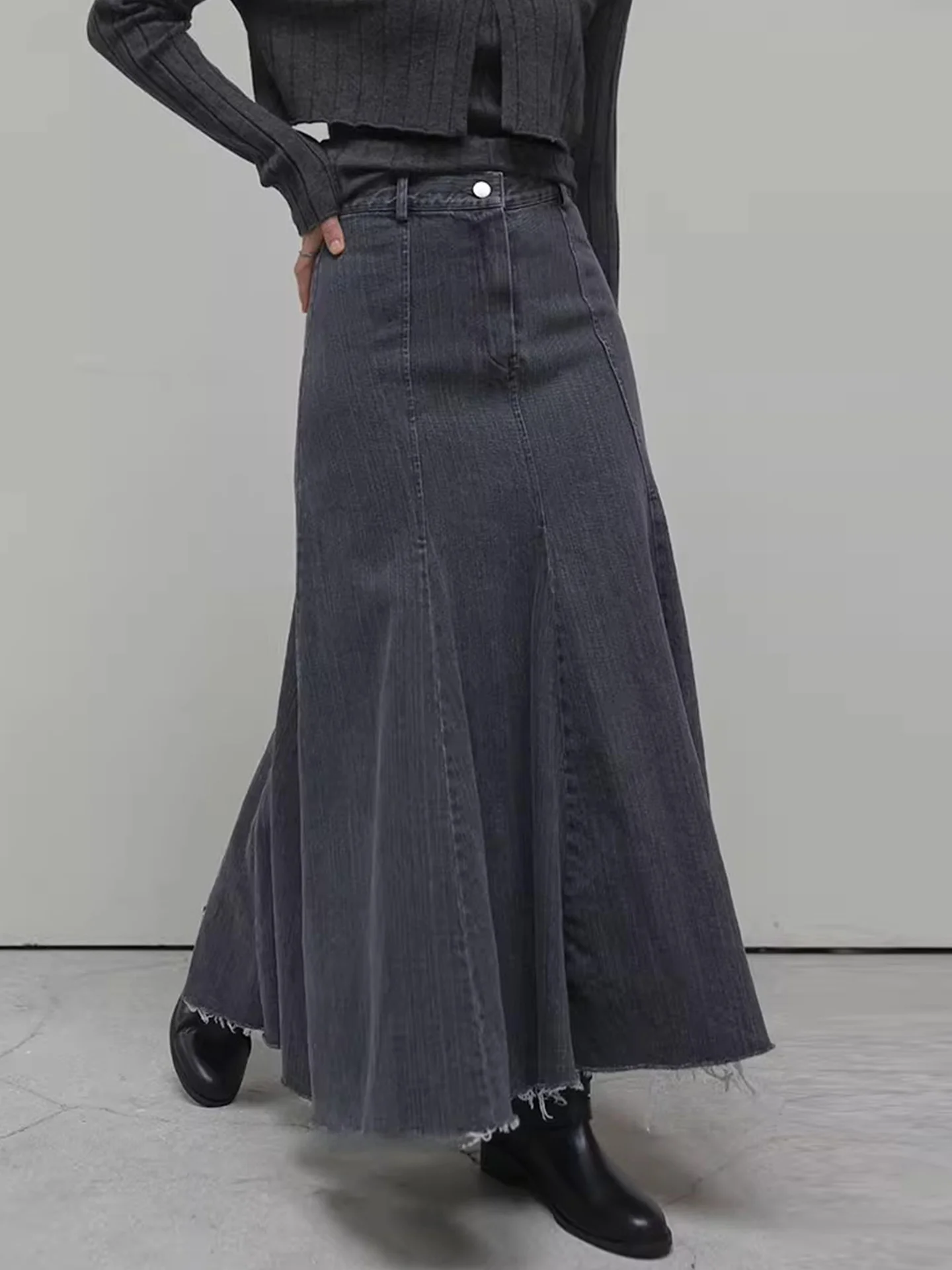 

Ретро джинсовая юбка с пэчворком и бахромой, с завышенной талией, облегающая, с эффектом стройности, длинная юбка-рыбка для женщин, осенняя новинка, юбка А-силуэта