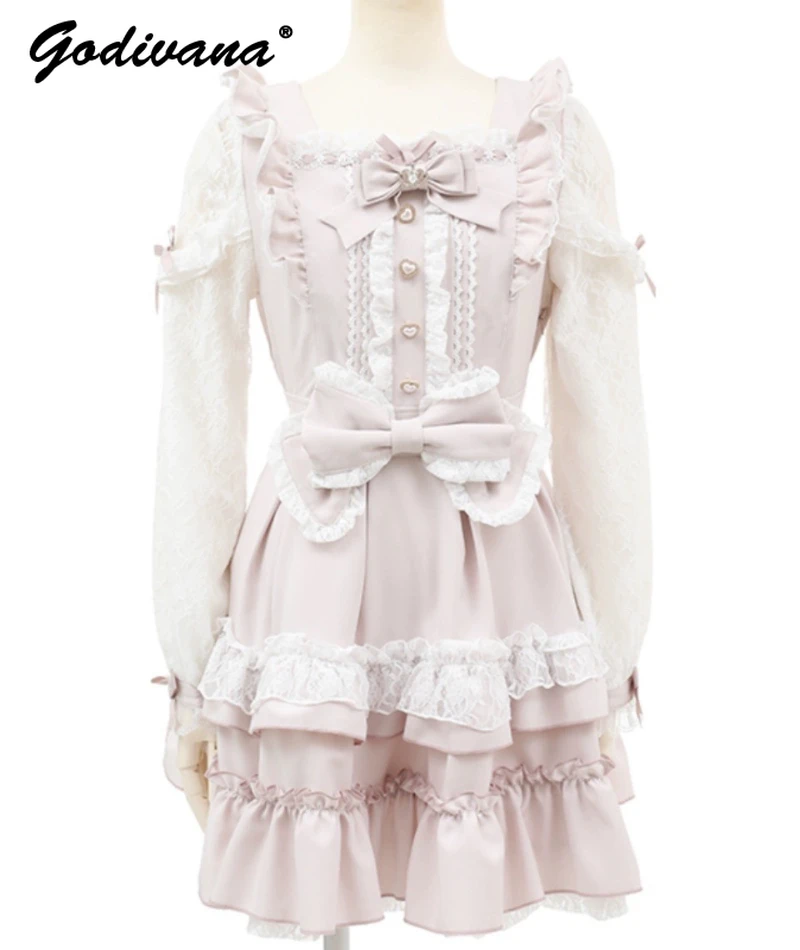 Japanese Style Liz Mass-Produced Lace Strapless Long Sleeve Bow Lolita Dress Spring Summer Girl Women's Ribbon Cake Layer Dress