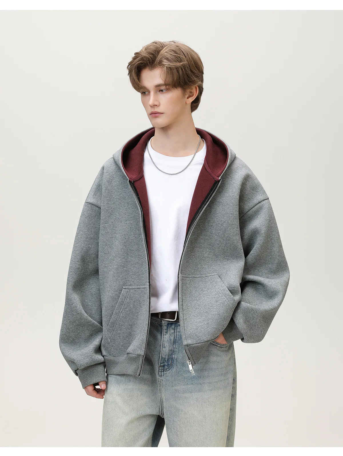 Contrasting color inner hooded sweater men's autumn sports loose cardigan jacket trendy casual coat