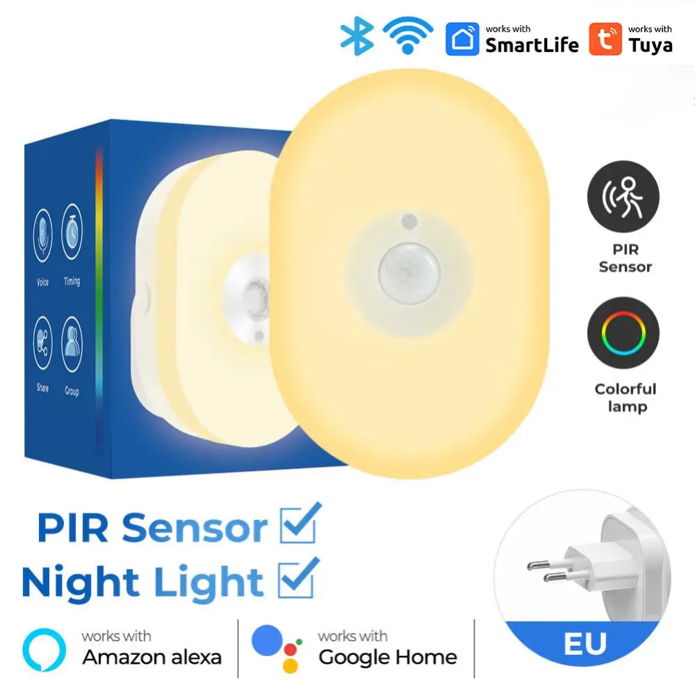 Tuya WiFi Smart LED Night Lamp PIR Motion Sensor Eu Us Uk Dimming Household Bedside Light For Alexa Google Home Voice Control