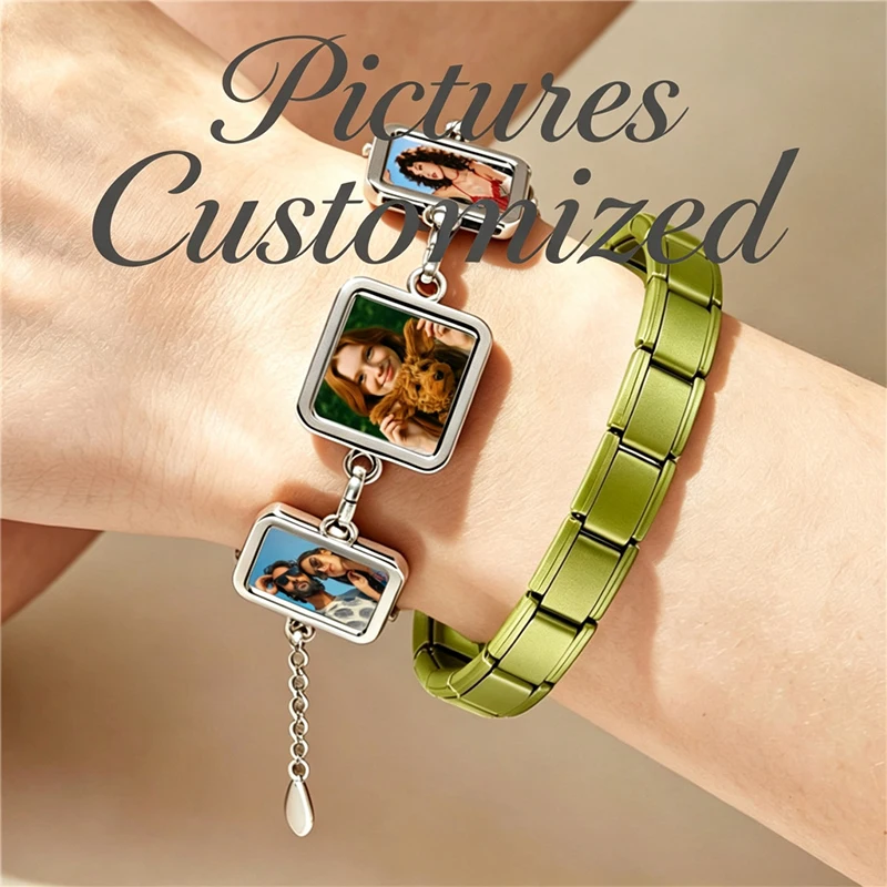 Fashion Photo Picture Customized Round Wings Square Heart Shape Italian Stainless Steel Personalized Lucky Bracelets DIY Bangles