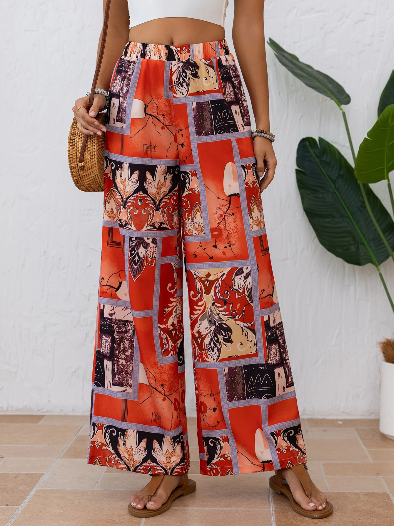 เรขาคณิตพิมพ์หลวมผู้หญิงฤดูร้อนสบายๆกางเกงเอวสูงกางเกงตรง