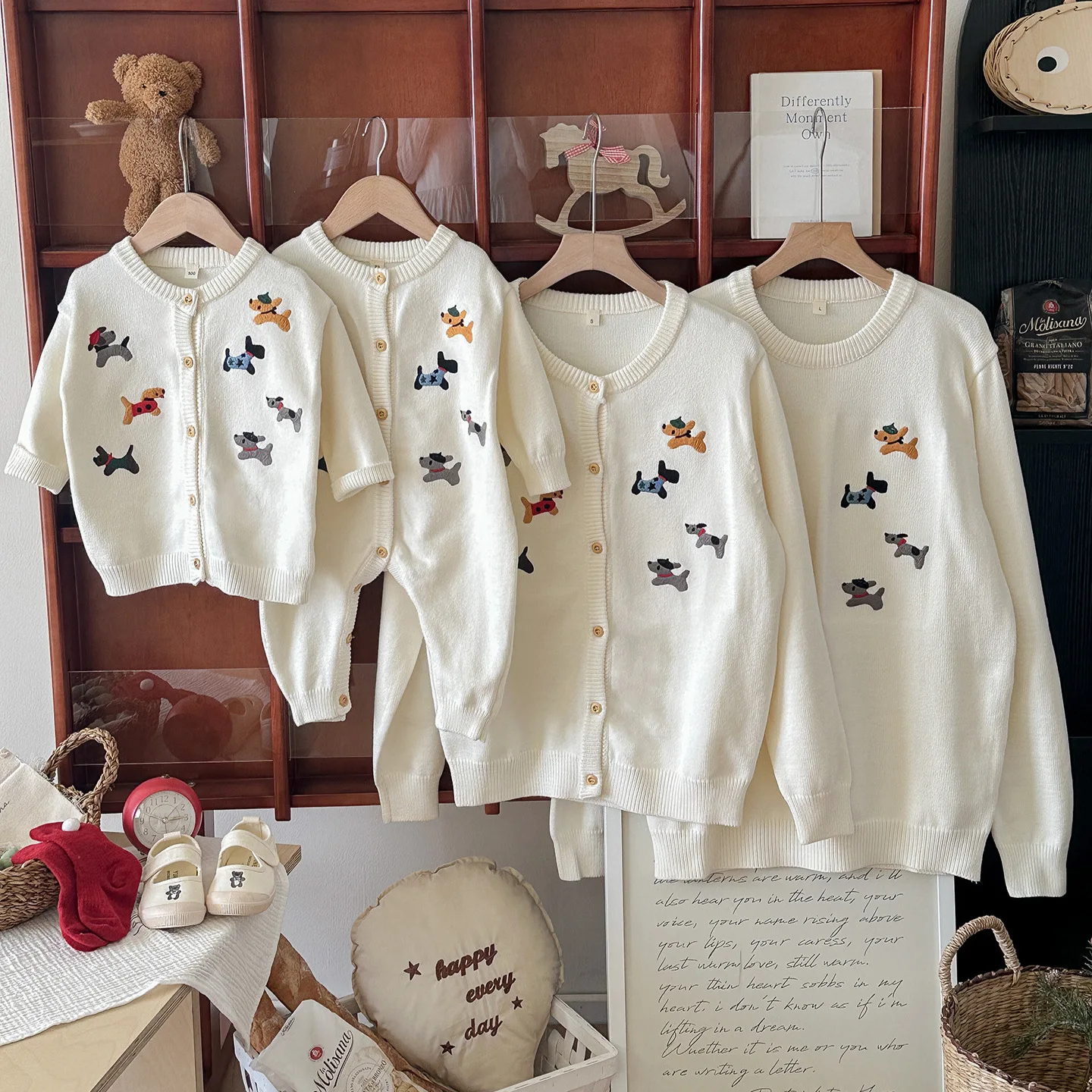 Autumn Winter Cartoon Embroidery Dog Knit Cardigan for Mom and Kids Family Matching Sweater Mother Son Cute Pullover Baby Romper