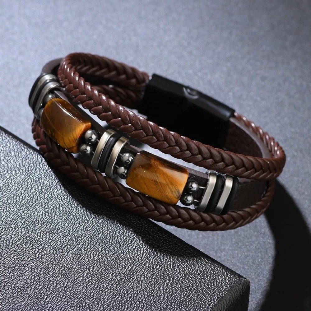 Wristband Bracelet Multi-Layer Tiger Eye Stone Bracelet Adjustabl Braided Leather Bracelet Retro Handmade Beaded Bracelet Men