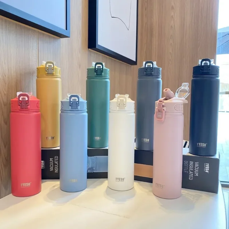 Tyeso 600ML/750ML Stainless Steel Thermos Bottles Car Insulated Cups with Straw Keeps Cold and Heat Portable Sport Thermal Mugs
