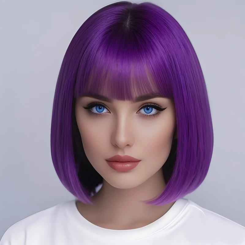 12 inch purple bangs bob wig, stylish and elegant, high-temperature synthetic, suitable for all women