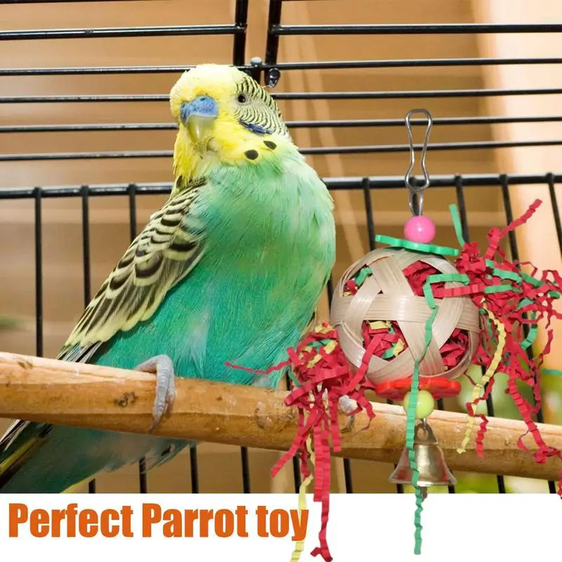 Parrot Foraging Toys Bird Shredding Ball Chew Toy Bird Chewing Toys Rattan Ball Bird Shredder Toy With Bell Suitable For