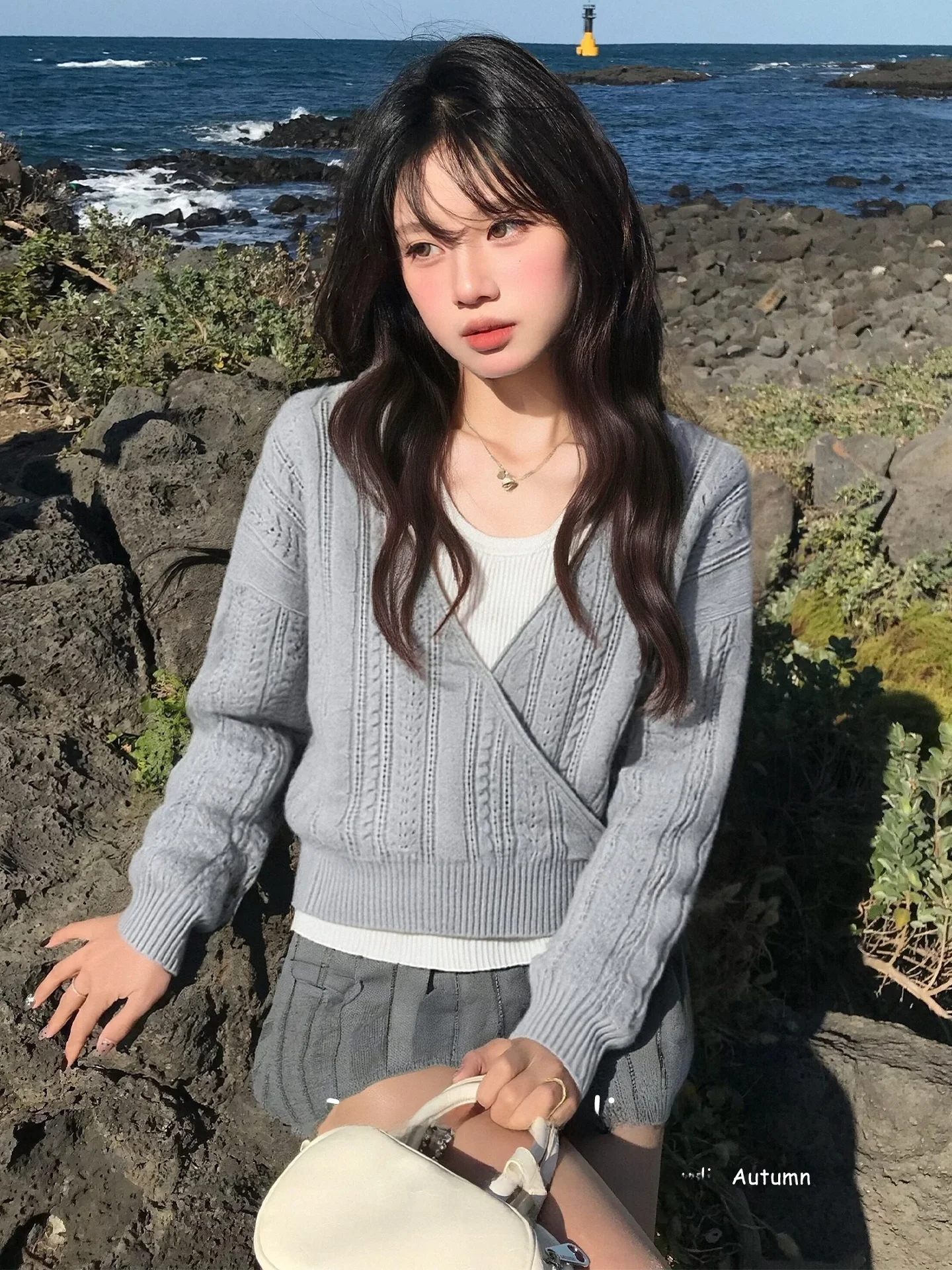 

Korean Style V-Neck Long Sleeve Knitted Sweater Women's Slim Fit Two-Piece Set Top Casual Comfortable Spring Autumn Wear