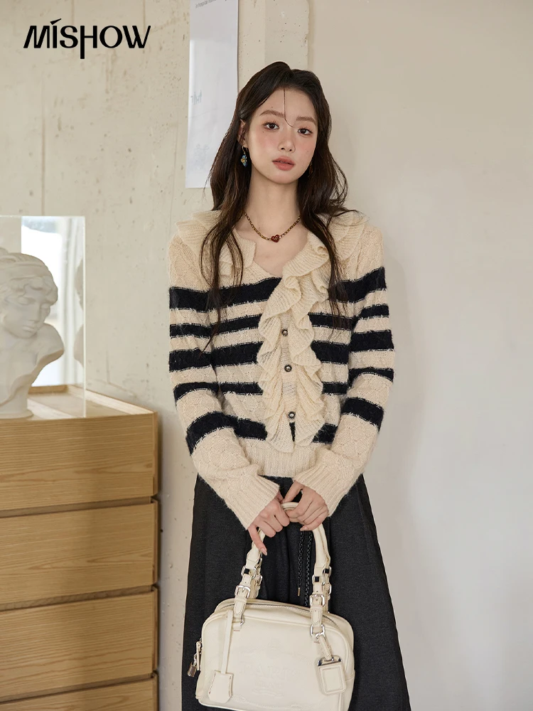 

MISHOW Striped Sweater for Women 2025 Autumn New Asymmetrical Ruffled Diamond Shape Knitted Retro Women's Cardigan MXE51Z2633