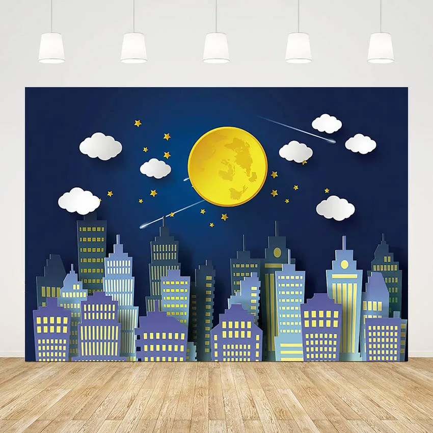 

Mehofond Photography Backdrops Night Sky Meteor Stars Moon City Buildings Night Scene Portrait Boy Baby Background Photo Studio