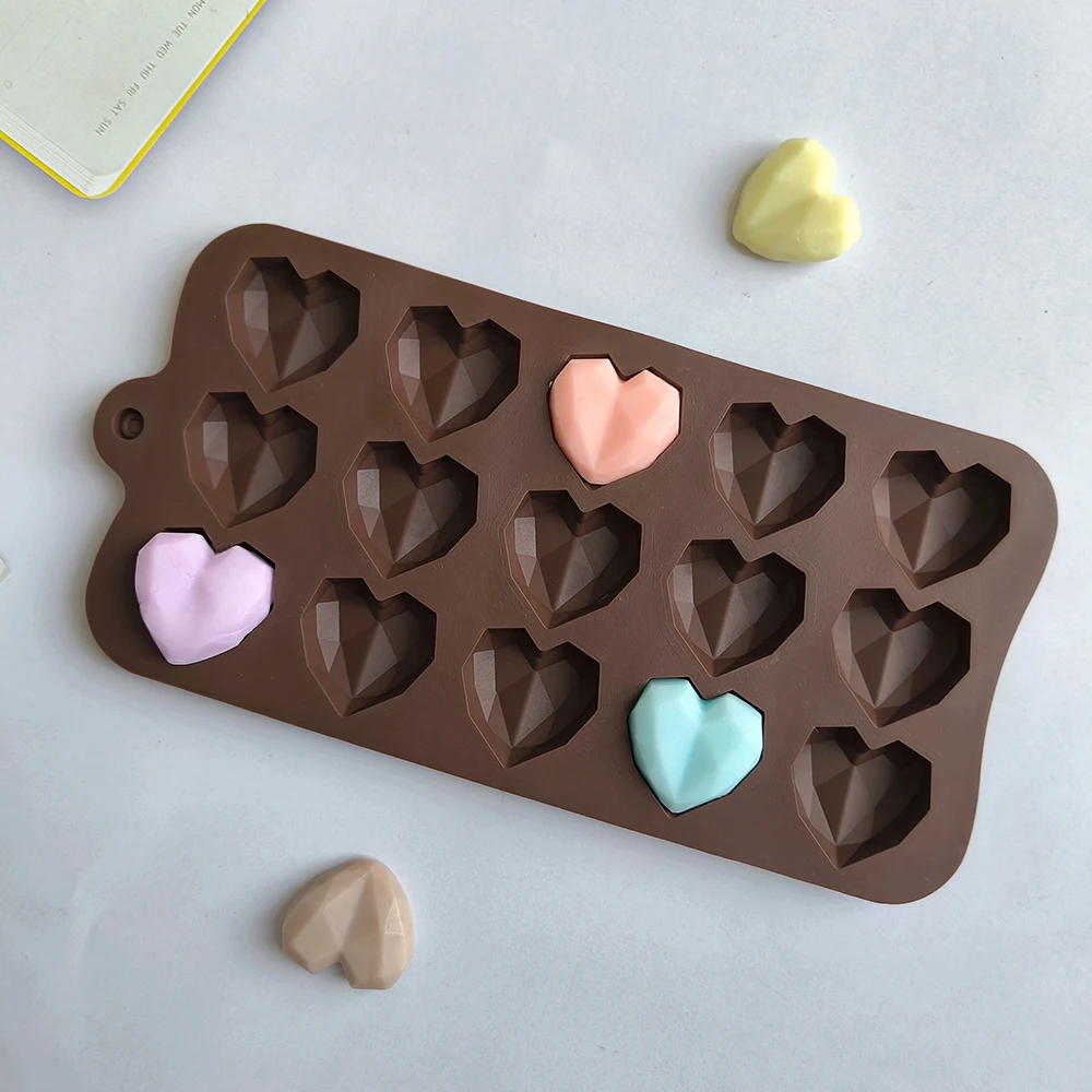 1pc 15 cavity Diamond Heart Shaped Silicone Chocolate Mold Handmade Biscuit Candy Jelly Mold Lacquer Wax Particle Mold