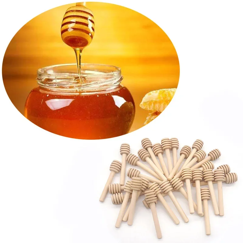 High Quality Honey Stir Bar Mixing Handle Jar Spoon Practical 100Pc Wood Dipper Honey Long Stick Supplies Honey Kitchen Tools