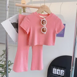 Girls Two-piece Set Girls Casual Suits Girls Round Collar Breathable Chic Suits Solid Color Korean Version Summer Wear