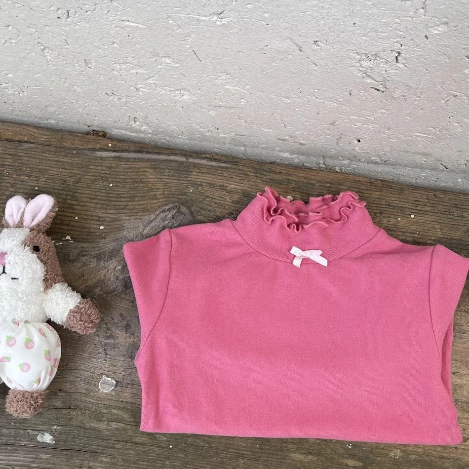 

Spring and Autumn Girls' Clothing T-shirt Baby Western Style Children's Half High Collar Black Fungus Lace Bow Bottom Shirt