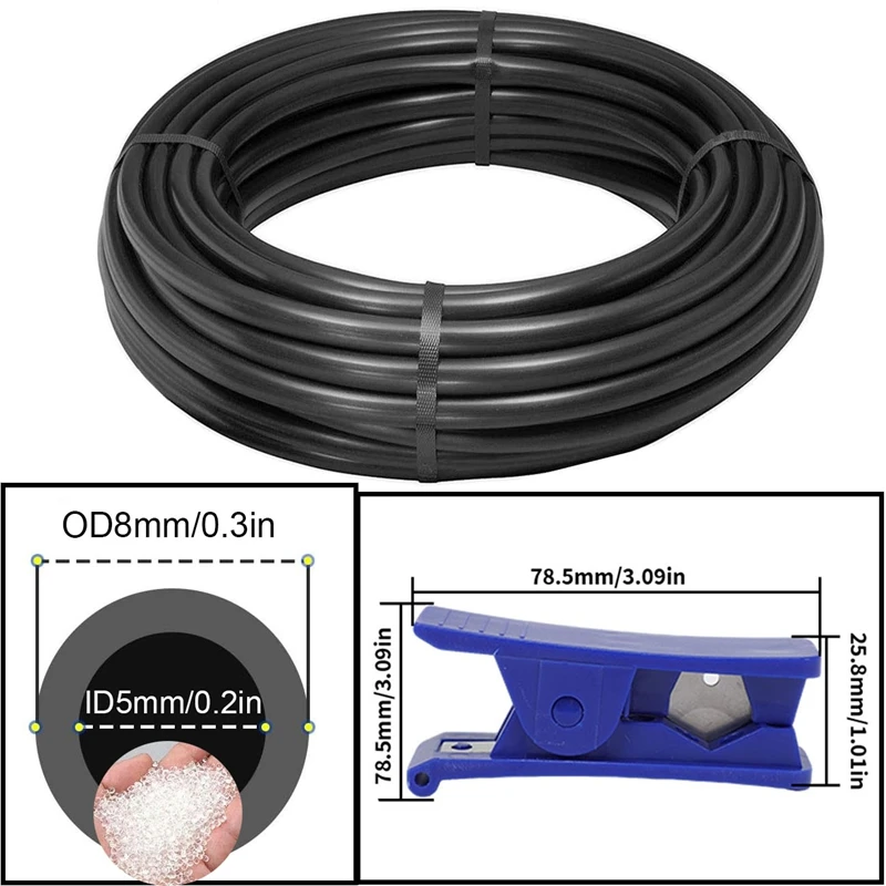Irrigation Water Pipe Tube, PE Black, Drip Irrigation Tubing OD 8 mm X ID 5 mm with Blue Pipe Cutter for Drip Irrigation System