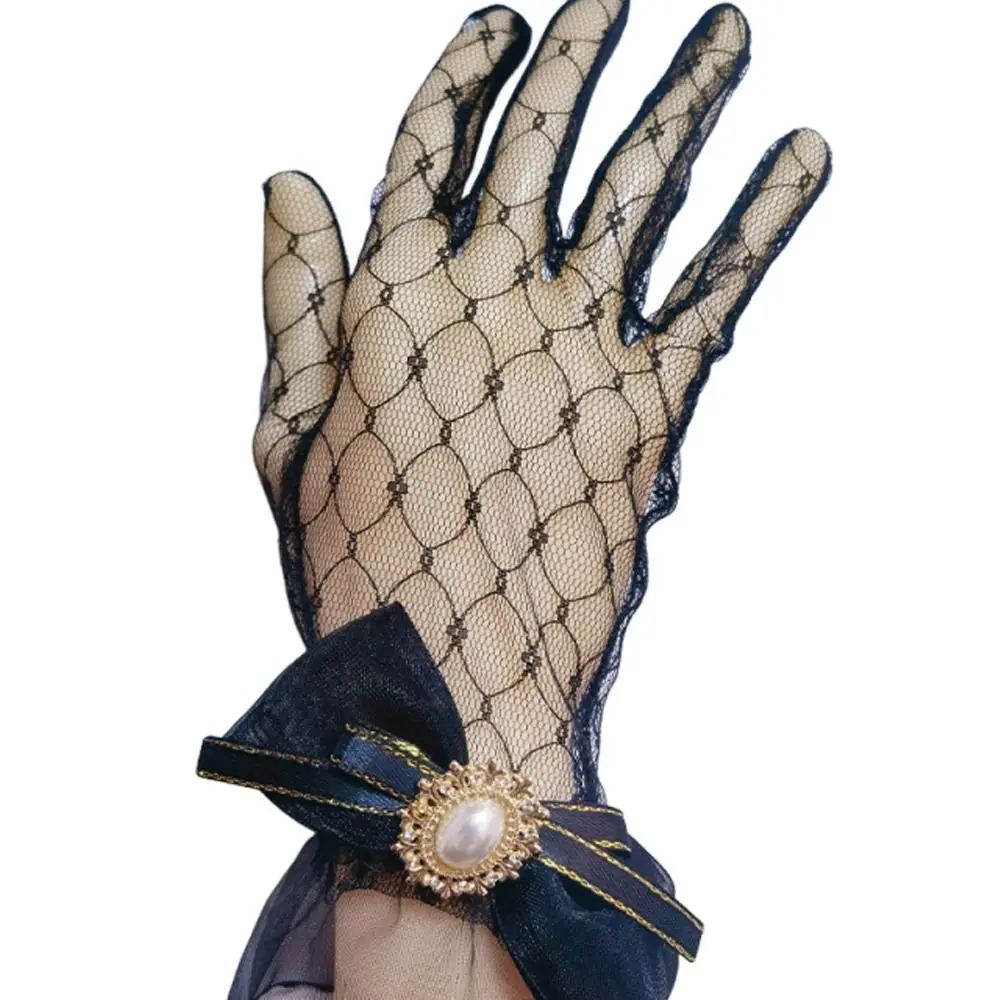Punk Black White Lace Gloves Ruffle Edge Flower Pattern Hollow Out Gloves Bow Soft Elastic Thin Mittens Cosplay Event