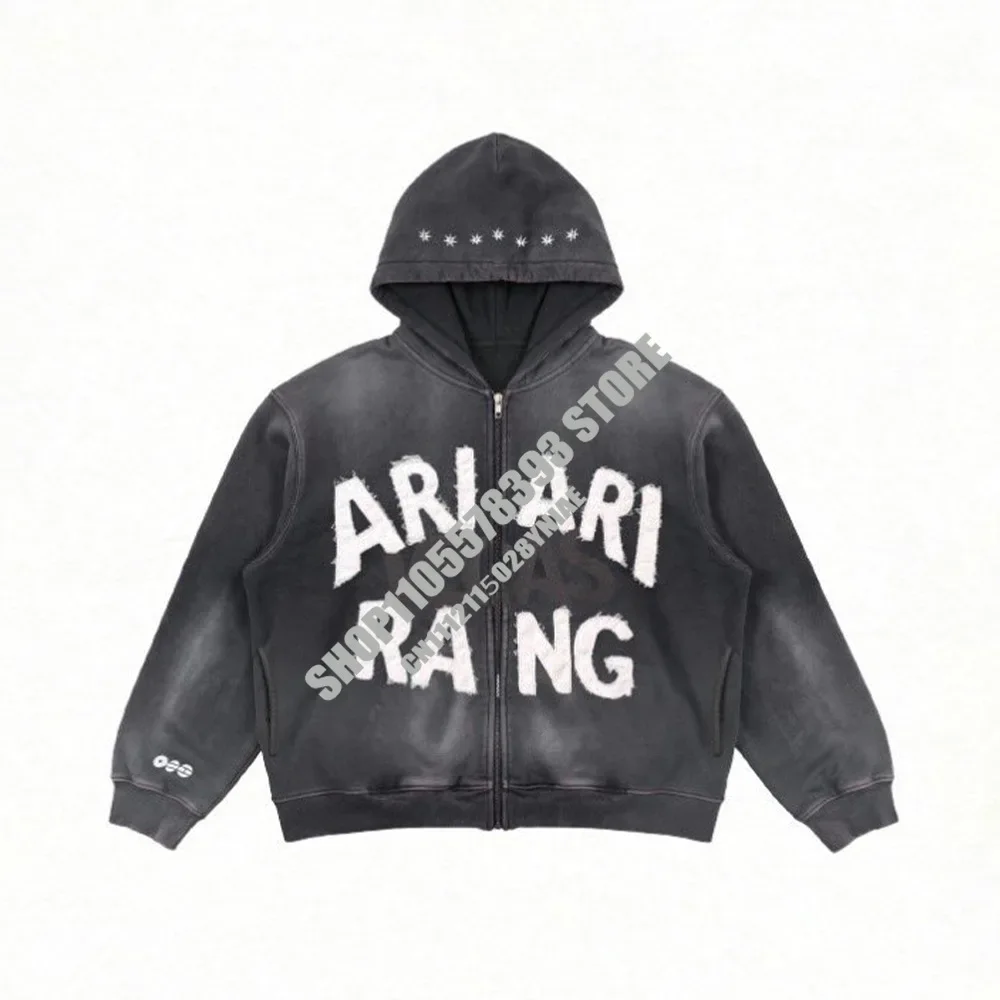 Retro Washed Black Hoodie, Distressed Tour ARIRANG Print Zip-Up Jacke, Oversized Frayed Streetwear, Lässiges Kapuzen-Sweatshirt