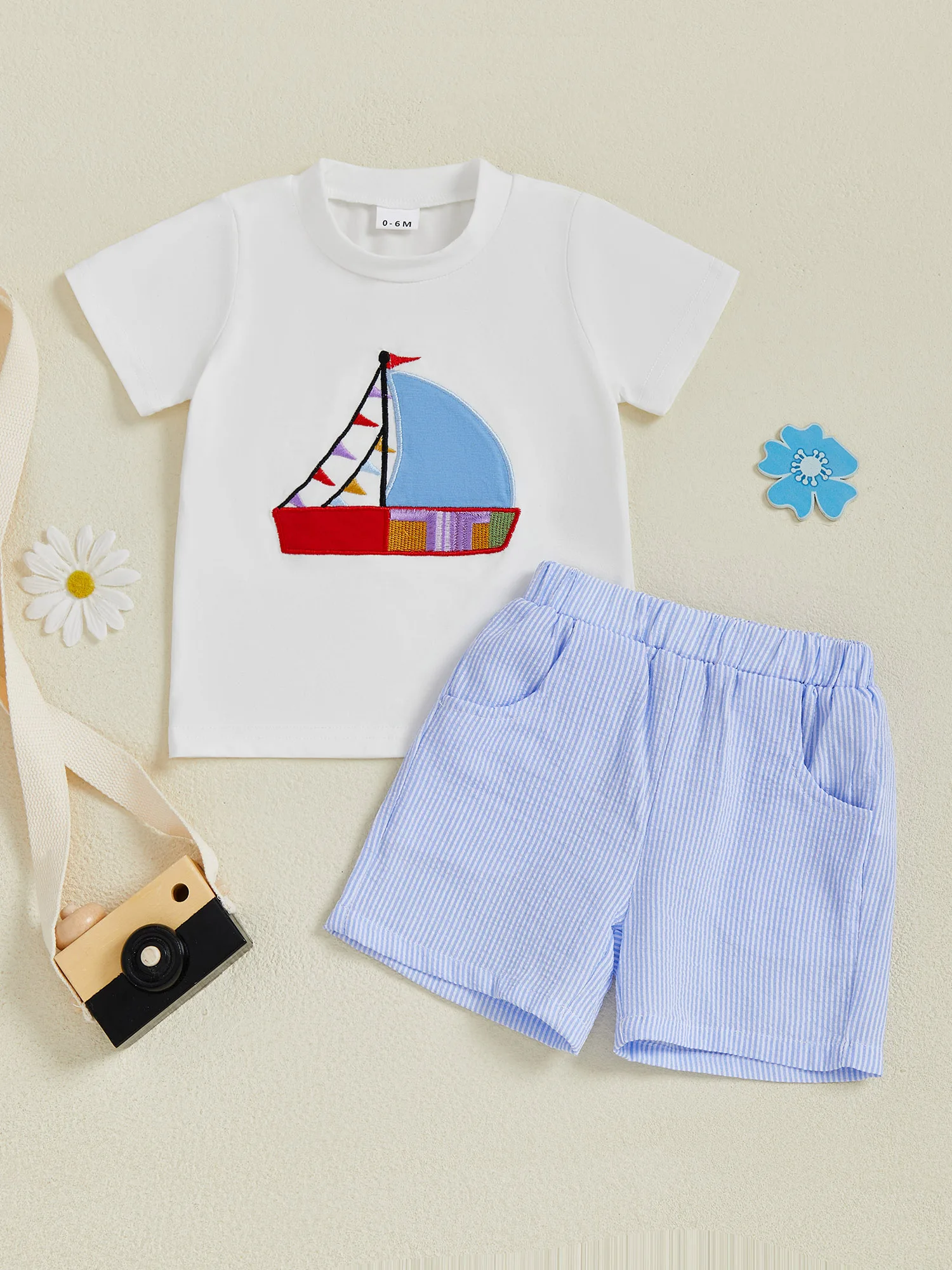 ชุดเดินเรือเด็กทารกน่ารักพร้อมเสื้อยืด Anchor Applique และกางเกงขาสั้นลายทางสีน้ําเงินกรมท่าชุด 2 ชิ้นสําหรับความสนุกสนานในฤดูร้อน