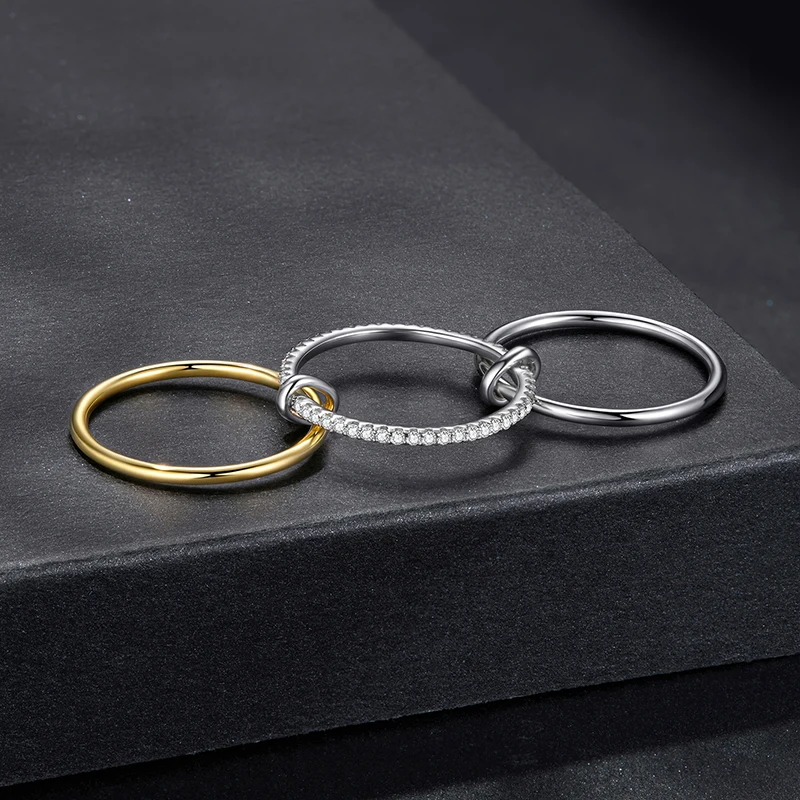 BAMOER U Moissanite Interlocked Stackable Rings Set Two-Tones Multi-Links Connected Bands for Women Jewelry Gift D Color VVS1