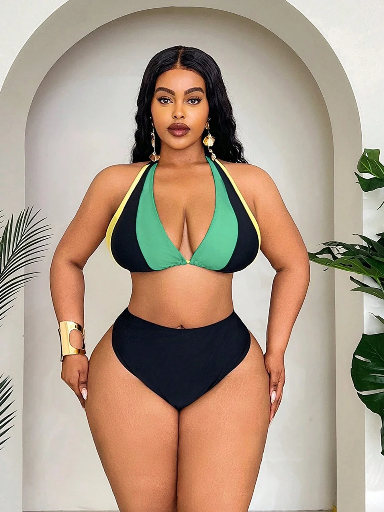 

Plus Size Color-Block Halter Triangle Bikini With High-Waisted Thong Bottom And Matching Wrap Sarong For Beach Getaway