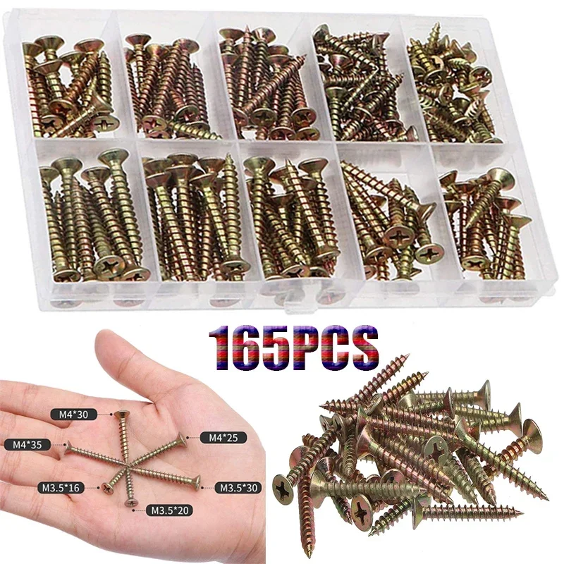 165pcs M3.5 M4 Self Tapping Screw Cross Countersunk Head Wood Screw Set Zinc Plate Carbon Steel Phillips Flat Head Screws DIY