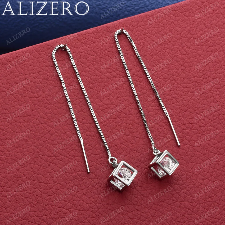 ALIZERO New 925 Sterling Silver Square Window Zircon Box Chain Long Tassel Drop Earrings For Women Trend Creative Party Jewelry