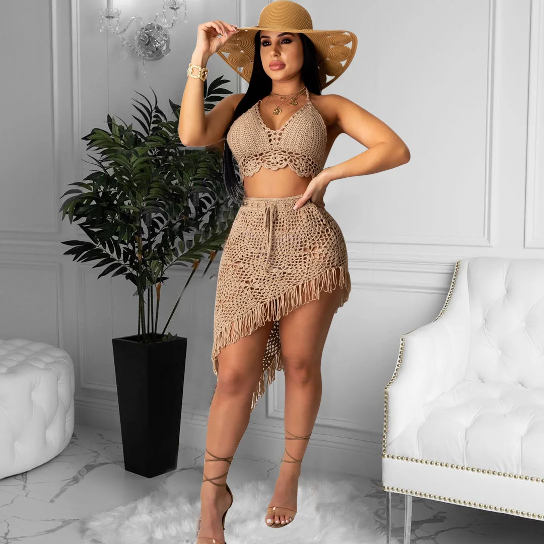 Summer Women's Suit Temperament Hollow Halter And Fringe Skirt Sets Fashion Comfortable Casual Lady Sexy Two-Piece Set