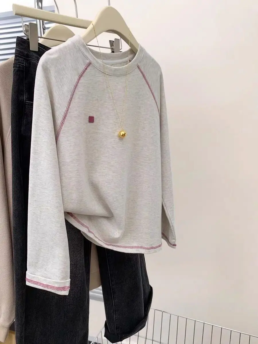 Felpa lunga Sve retrò americana color blo, vestibilità ampia, pullover rotondo Ne per donna, primavera autunno, versatile e confortevole