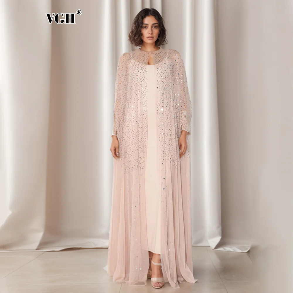 VGH Solid Elegant Patchwork Sequins Dress For Women Round Neck Cloak Sleeves High Waist Spliced Mesh Dresses Female New