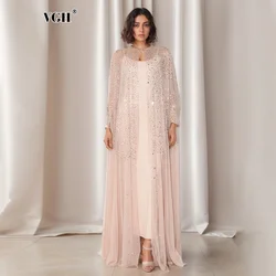 VGH Solid Elegant Patchwork Sequins Dress For Women Round Neck Cloak Sleeves High Waist Spliced Mesh Dresses Female New