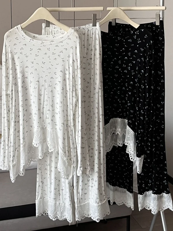 Modal Sleepwear Women's Long Sleeve Long Pants Home Clothes Two-Piece Set Spring Autumn Floral Design Sensual Pure Desire Style