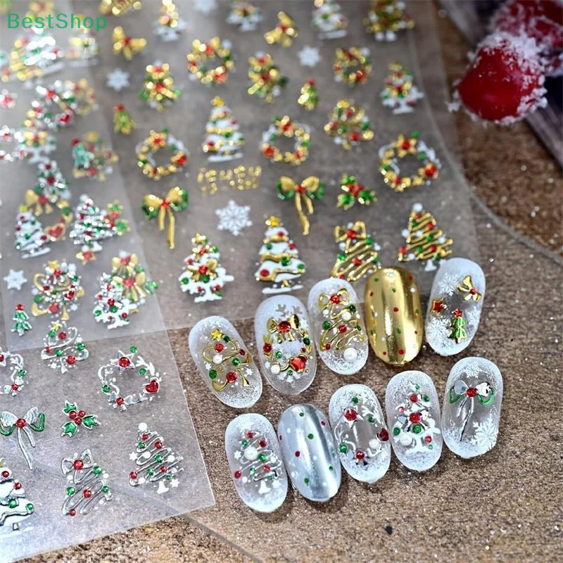 ♥ Autocollant pour Nail Art sur le thème de noël, décalcomanies 3D en Relief pour arbre de noël/couronne/renne, décor de manucure auto-adhésif à faire soi-même