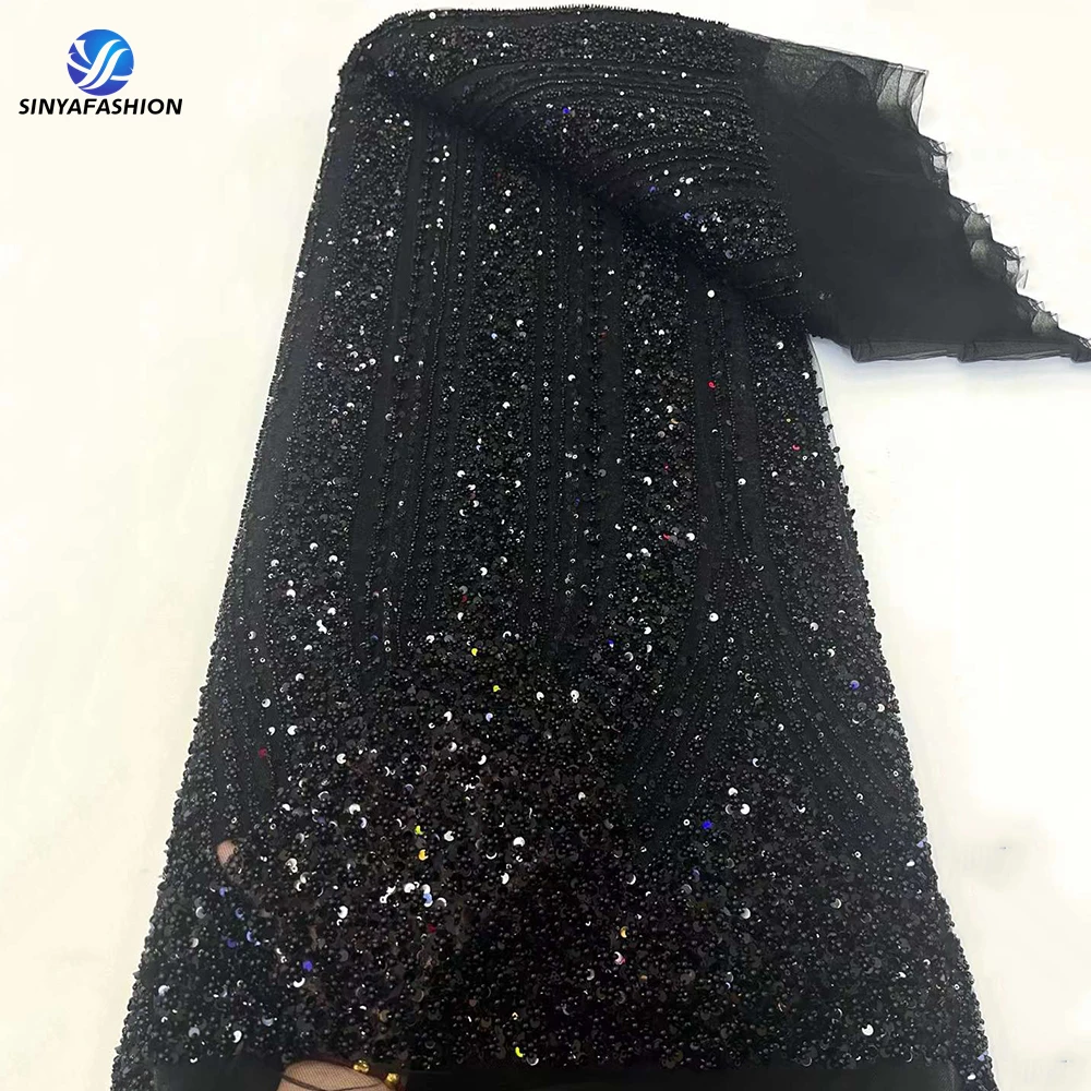 Sinya Navy Blue African French Mesh Tulle Sequins Lace Fabric High Quality Super Heavy Luxury Beaded Lace For Evening Dress