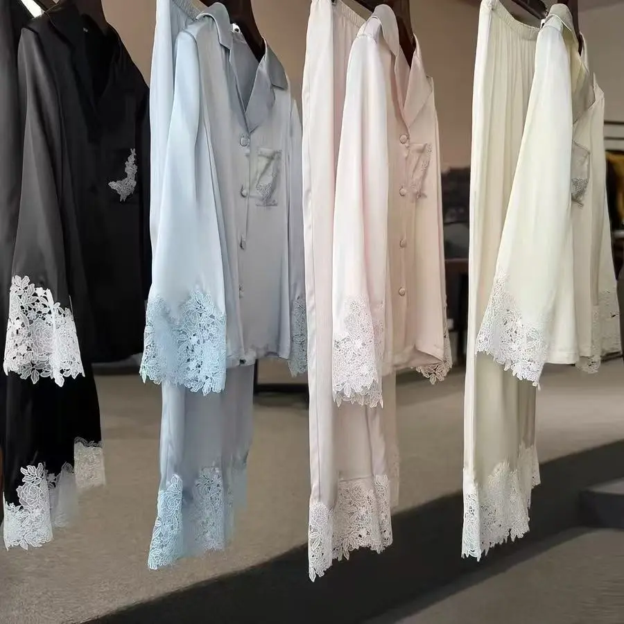 Two Pieces Women Pajama Sets Solid Lounge Set Lace Spliced Long Sleeves Shirt Wide Leg Pant Loose Fit Daily Casual 2026 Autumn