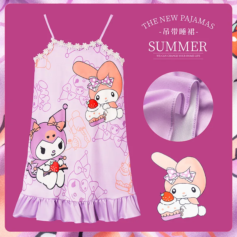 2024 Sanrio Children's Nightdress Summer Slip Dress Girl Princess Cute Cartoon Sweet One-piece Comfortable Home Wear Pajamas