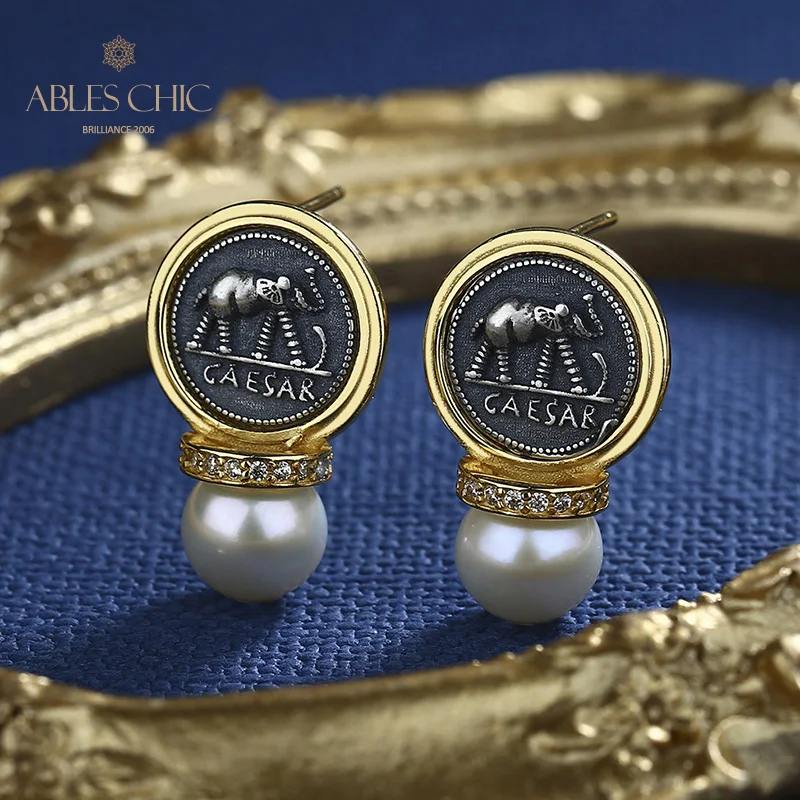 Ables Chic Caesar's conquest Greek Coins Solid 925 Silver Roman Coin Freshwater Pearl Stud Earrings E1009