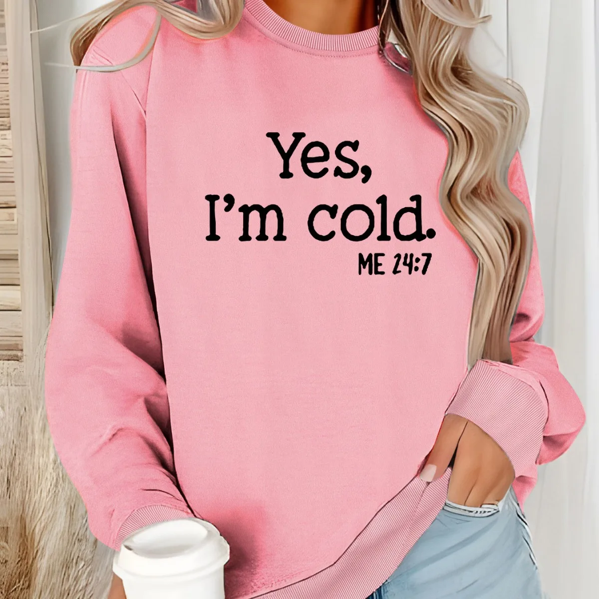 Europe and The United States YES I'MCOLD Printed Long Sleeve Women's Hoodie Jacket Loose Hoodies  Clothes  Sweatshirts