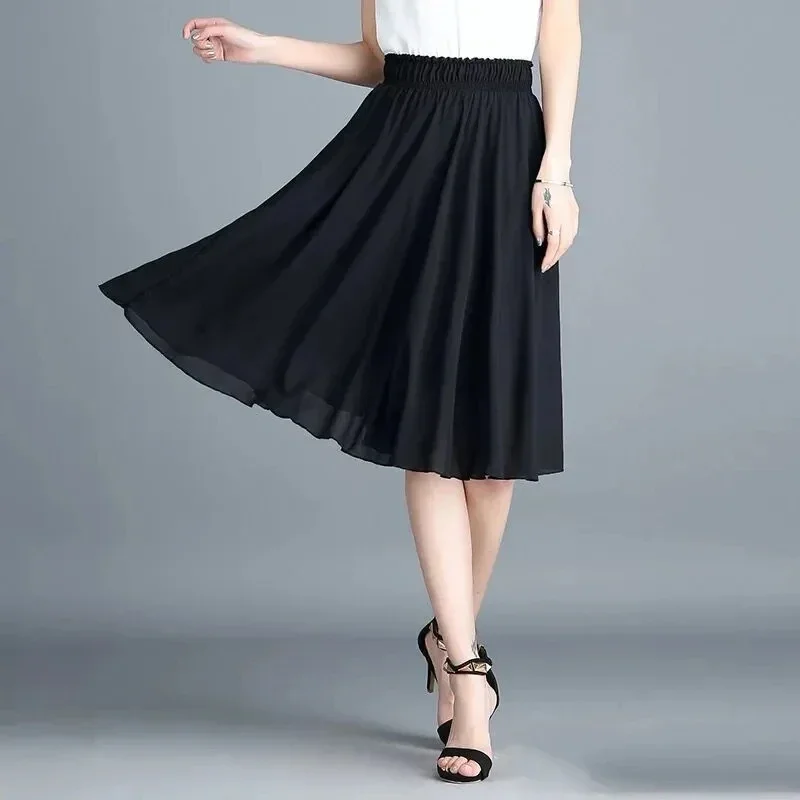 

Women Summer Solid Chiffon Knee-length Skirts Lady New Elastic High Waist A-line Large Swing Casual Gauze Pleated Skirts M130