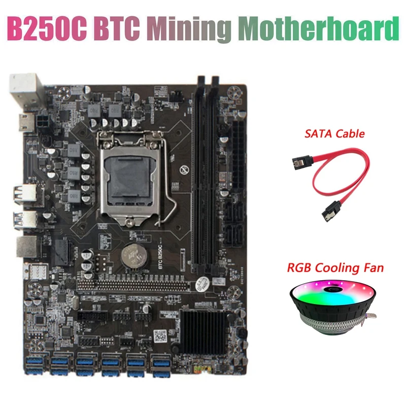 BTC B250C Mining Motherboard With RGB Cooling Fan+SATA Cable 12 PCIE To USB3.0 Graphics Card Slot LGA1151 Supports DDR4