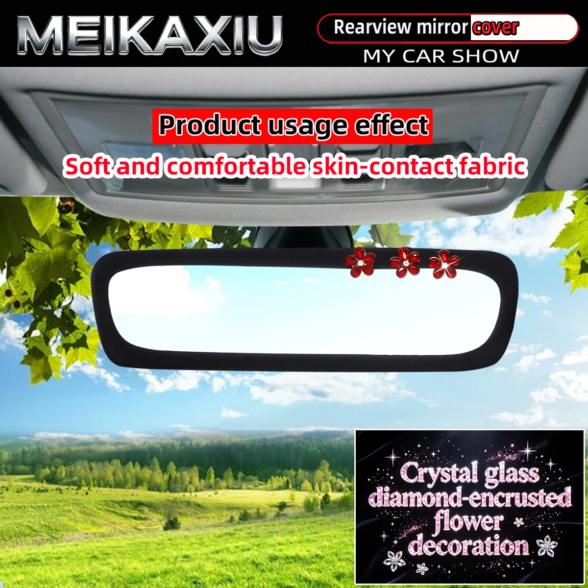 Ladies Skin-friendly Rhinestone Flower Car Rearview Mirror Cover Glittering Blingbling Car Interior Accessory