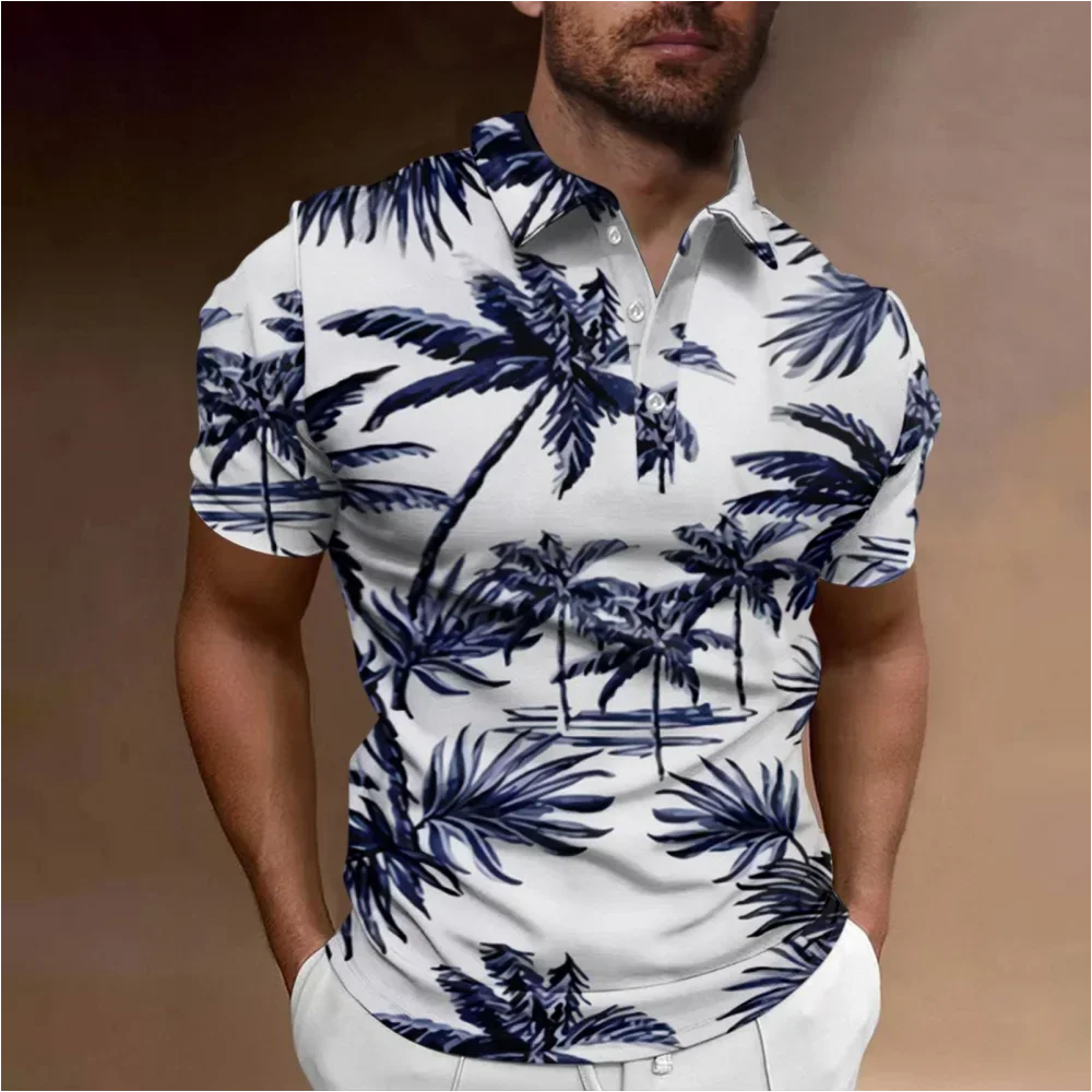 Camisa polo de manga curta de lapela grande para homens, tops estampados de coqueiro, camisa havaiana casual, roupas de viagem ao ar livre, nova