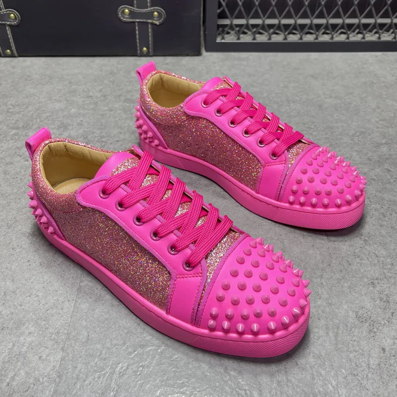 men's fashion punk hip hop dress rivets shoes lace up original leather shoe black pink flats platform sneakers designer footwear view 3