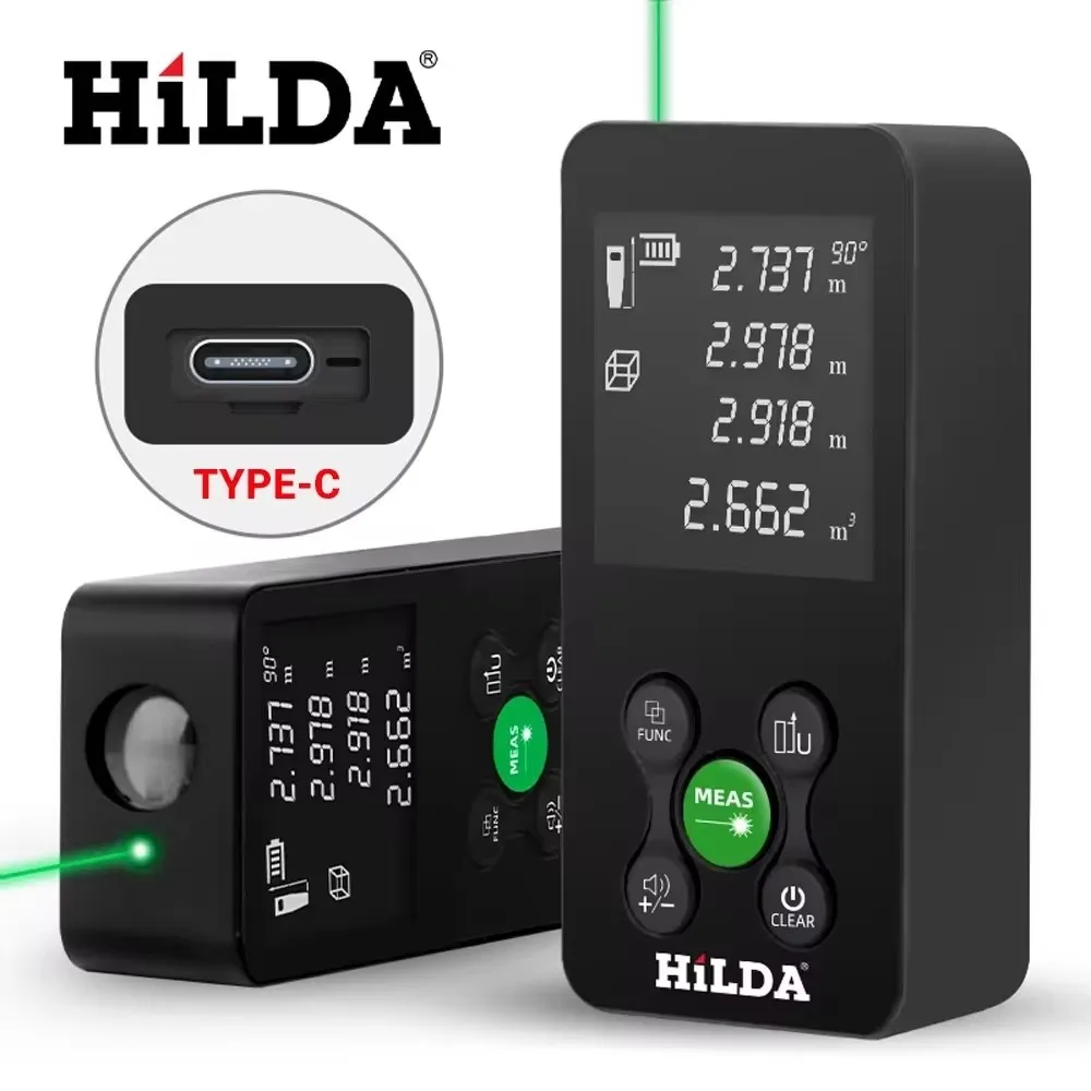 HILDA 100M Green Laser Ranging Digital Tape Rechargeable Measurable Angle Laser Measurement