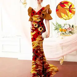 African Dresses for Women Flare Sleeve High Waist Maxi Dress Bodycon Dress Vintage Elegant Dashiki Print Party Evening A2225008