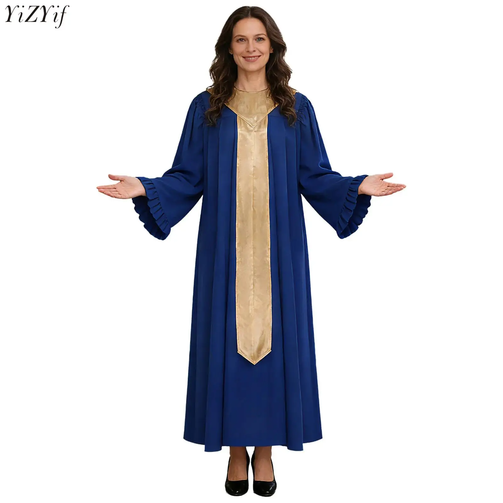 

Хоровая мантия для женщин и мужчин, расклешенная, с длинными рукавами, с оборками, с цветными вставками, с поясом, длинная мантия, священнические сутаны для церковных мероприятий