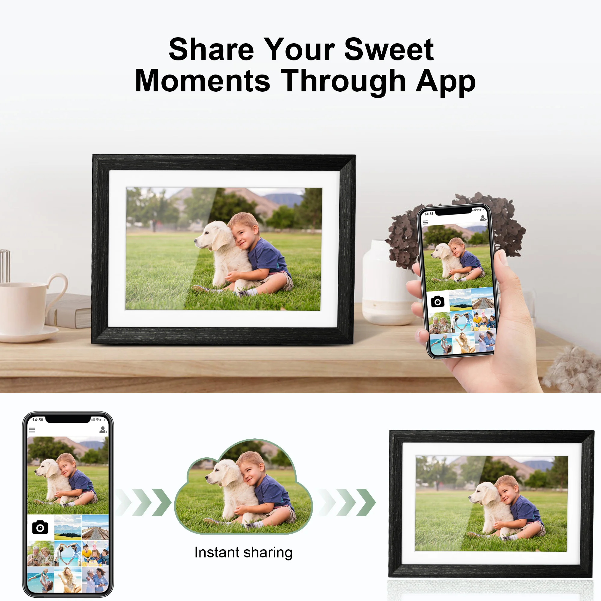 إطار صور رقمي كلاسيكي من الخشب البني الداكن 1 + 32 جيجابايت تخزين 1280 × 800 HD واي فاي ميزات الصورة على مدار الساعة #3