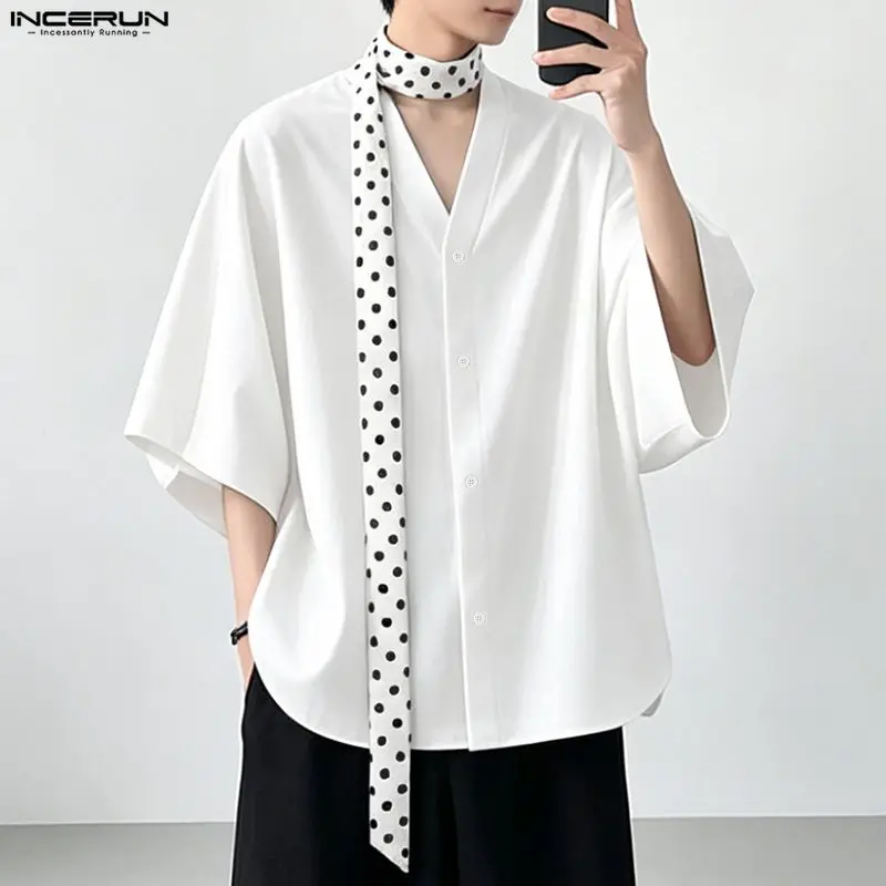 

INCERUN Men's Shirt Polka Dot Print Belt Patchwork V Neck 3/4 Sleeve Menswear Clothing Streetwear 2026 Tops Loose Fashion Shirts