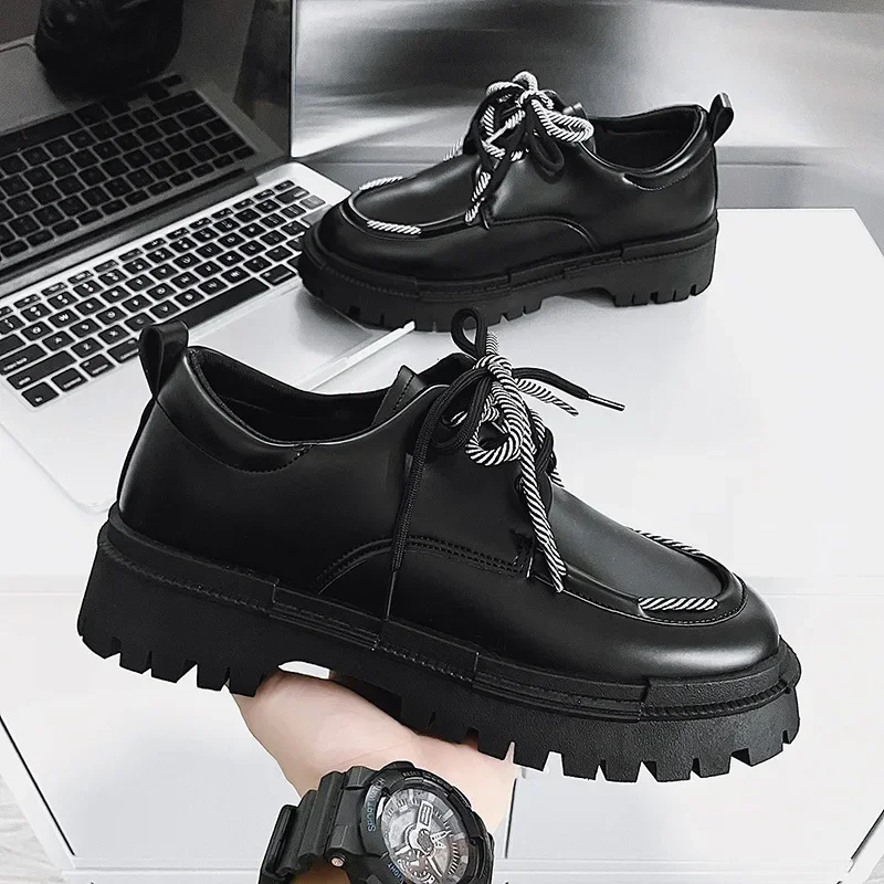 Men Low Shoes for Men Thick Bottom Punk British Style Design Platform Black Lace Up Casual Loafer Shoes Zapatillas Hombre