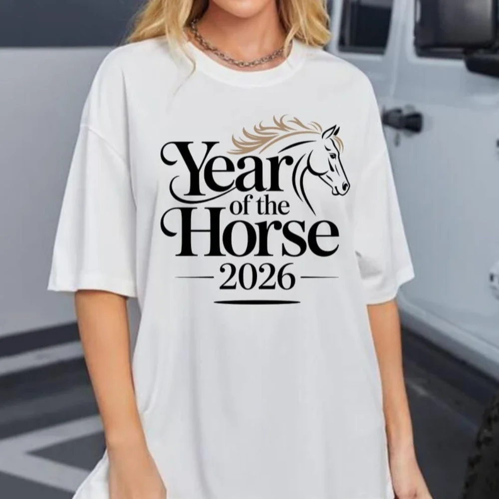 

Year of The Horse 2026 Tshirt Lunar New Year Clipart Creative Design Printed Shirt Simple Casual Happy New Year Men Women Tops